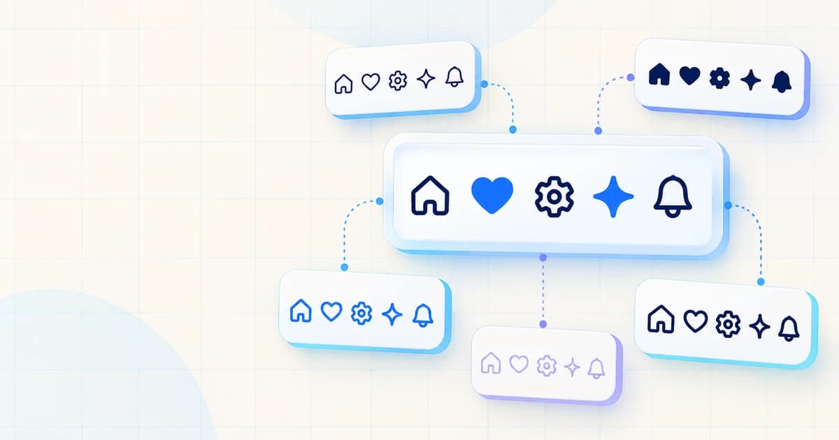 Original illustration of a central icon specimen board surrounded by outline and filled icon samples in navy and blue