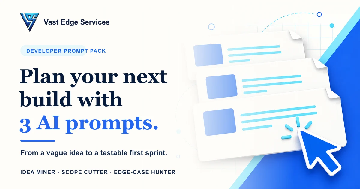 Three blank prompt cards and a cursor on an off-white background with blue and cyan planning accents.