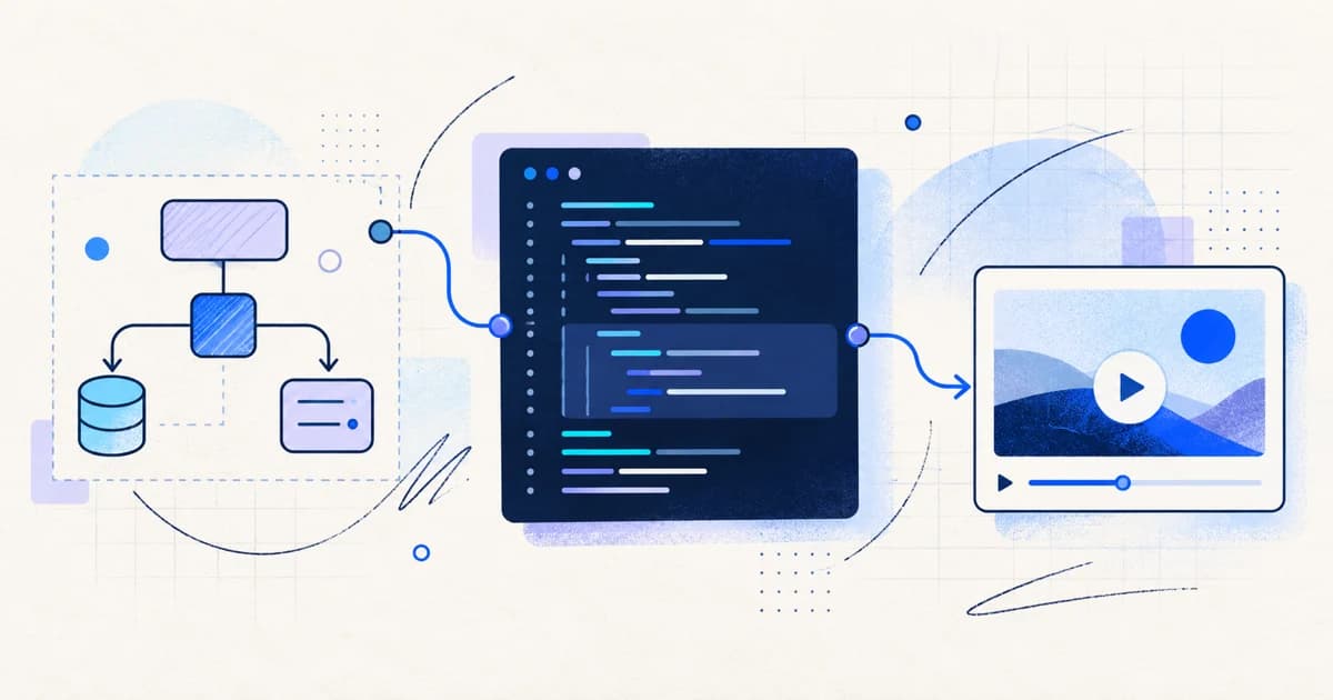Architecture diagram, code card, and demo preview connected in a visual project workflow