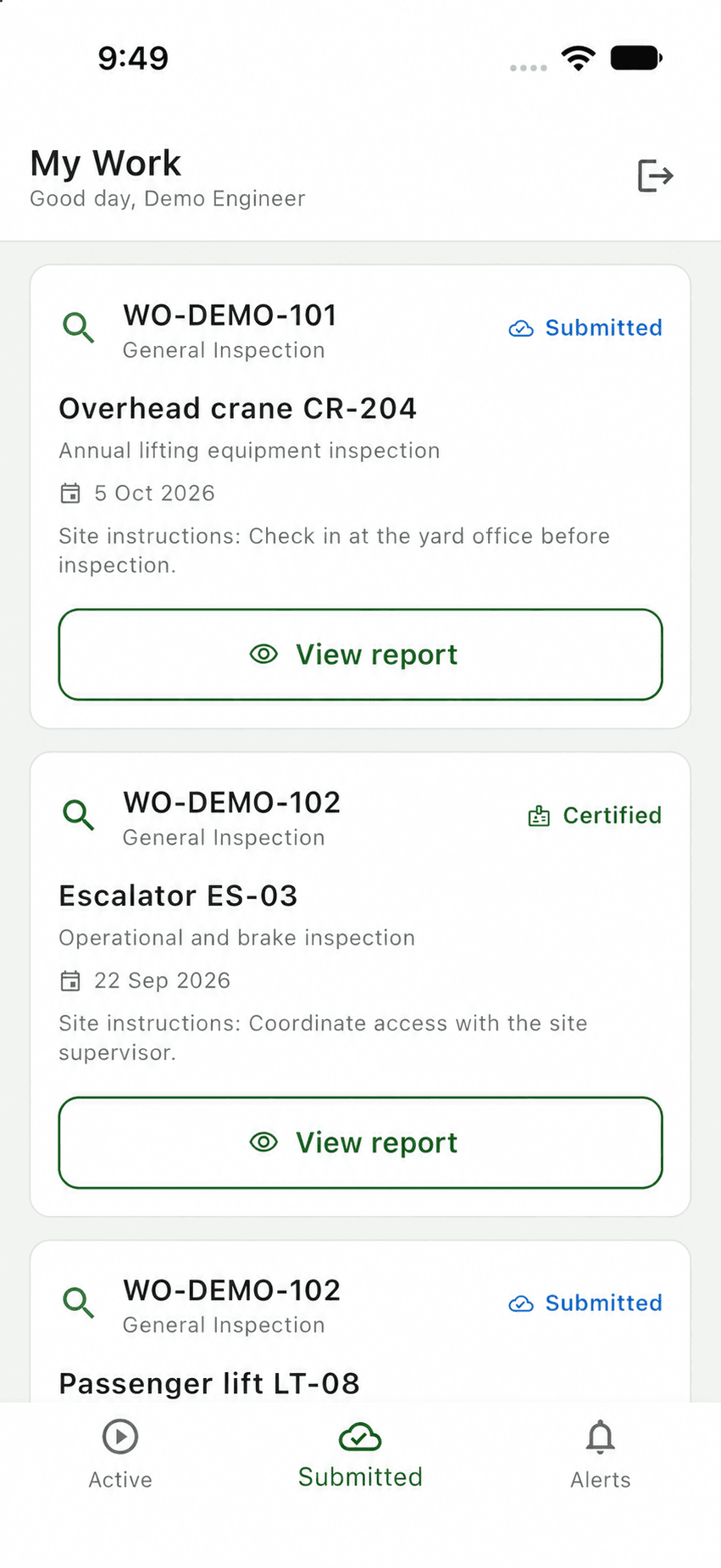 Onyar engineer app showing submitted and certified inspection reports using fictional demo data