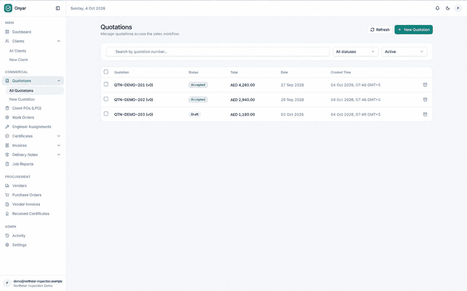 Onyar quotations list with accepted and draft quotations using fictional demo data