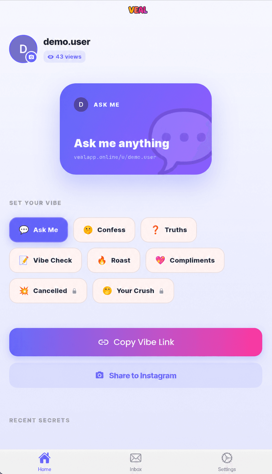 VEAL mobile app home screen with a demo profile