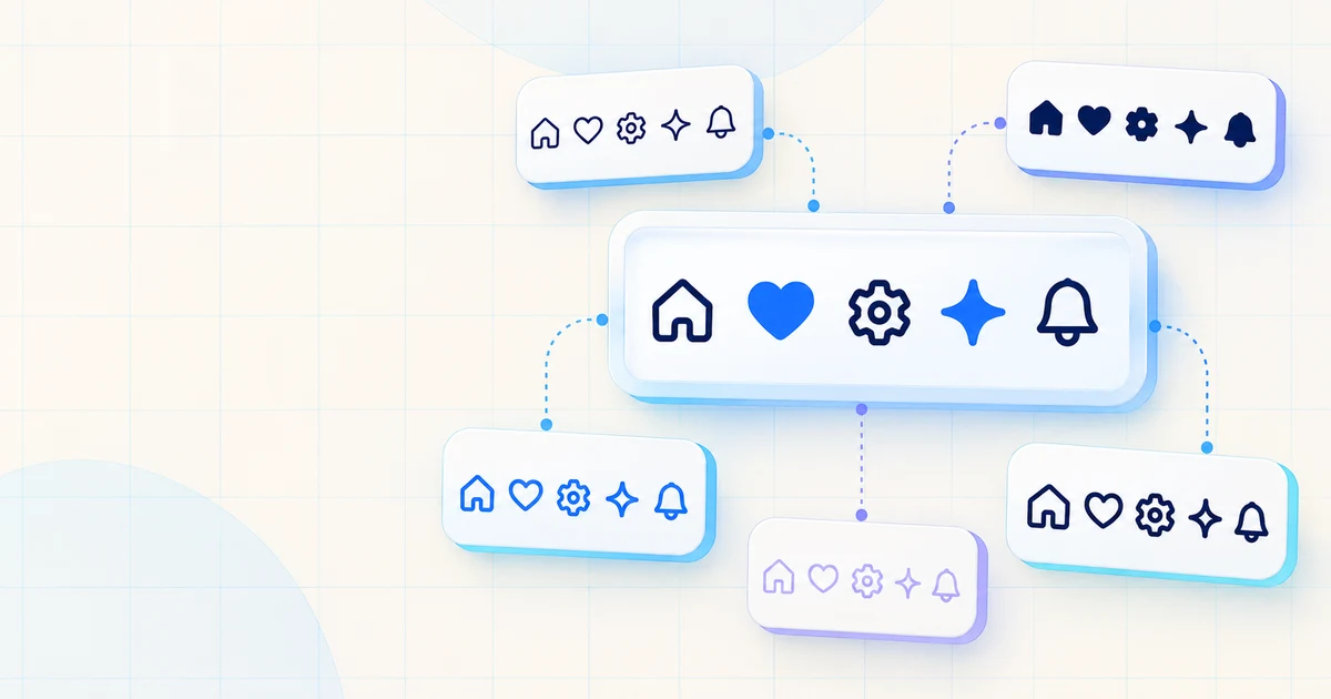 Original illustration of a central icon specimen board surrounded by outline and filled icon samples in navy and blue